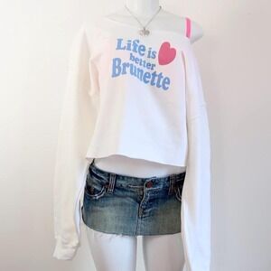 y2k life is better brunette graphic off shoulder cropped sweatshirt mcbling